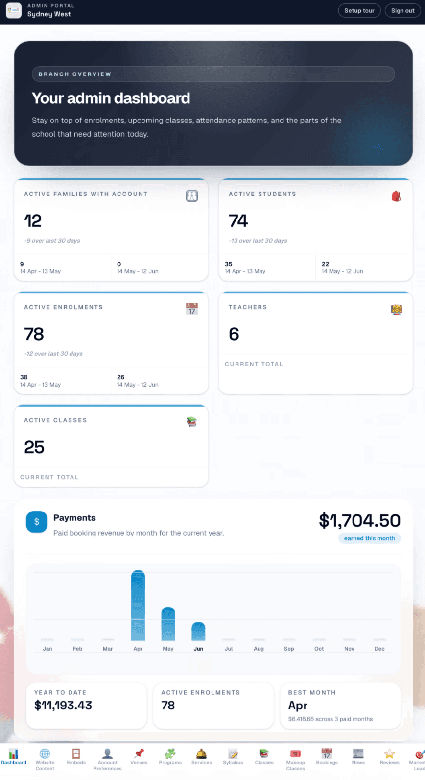 Classflows school admin portal mobile screen