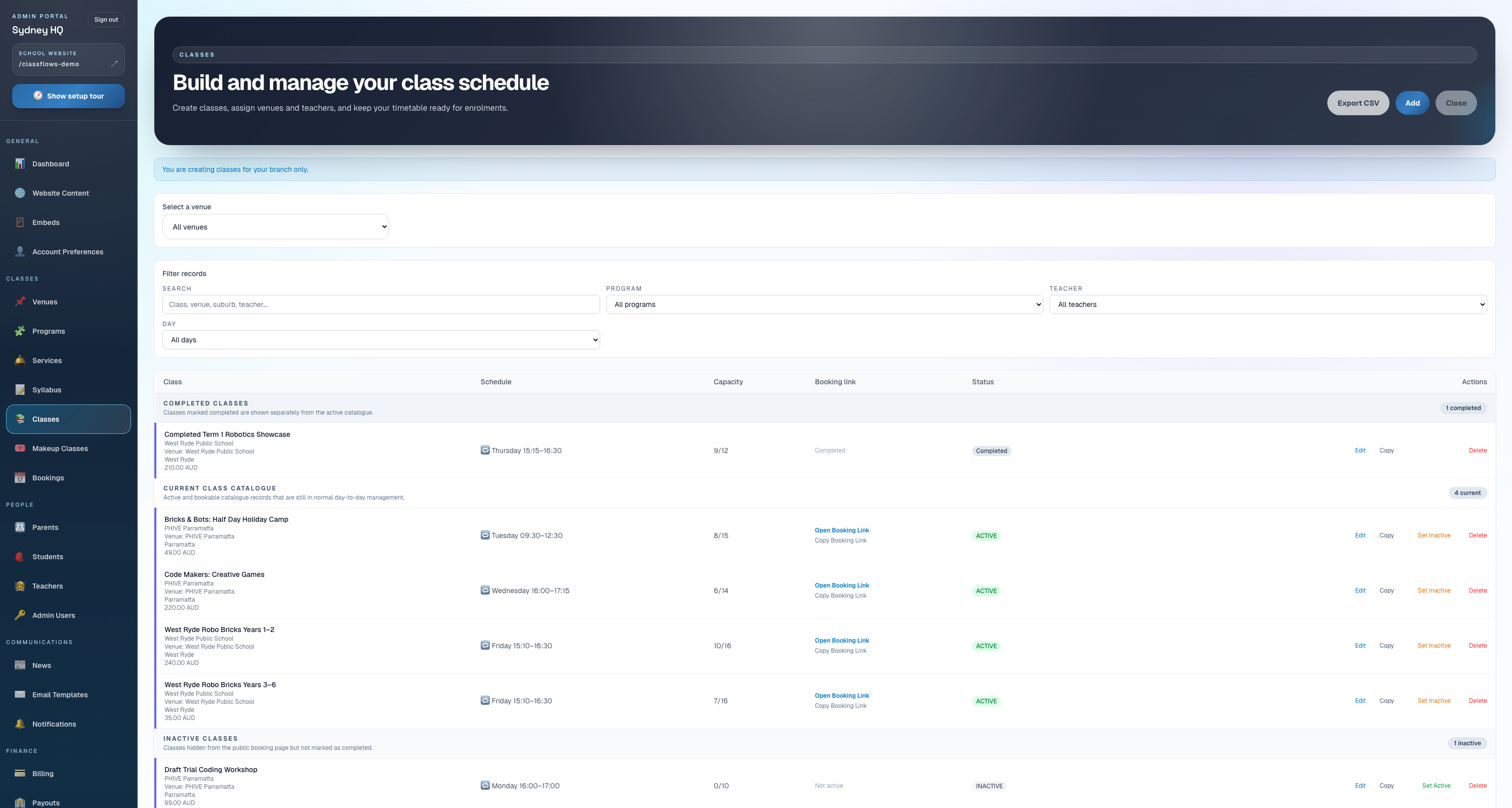 Classflows class catalogue management screen