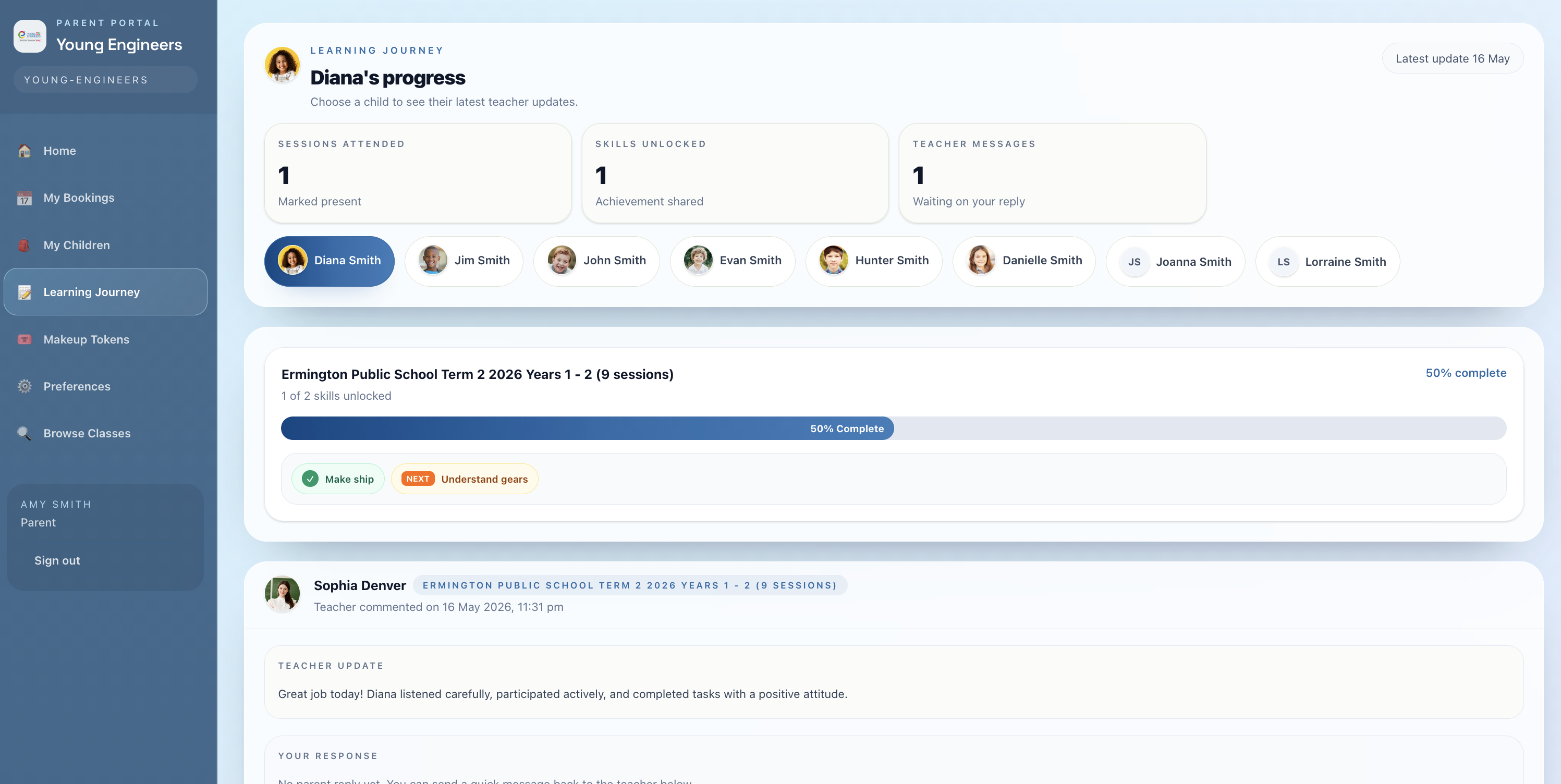 Classflows parent portal Learning Journey showing student skills and teacher updates
