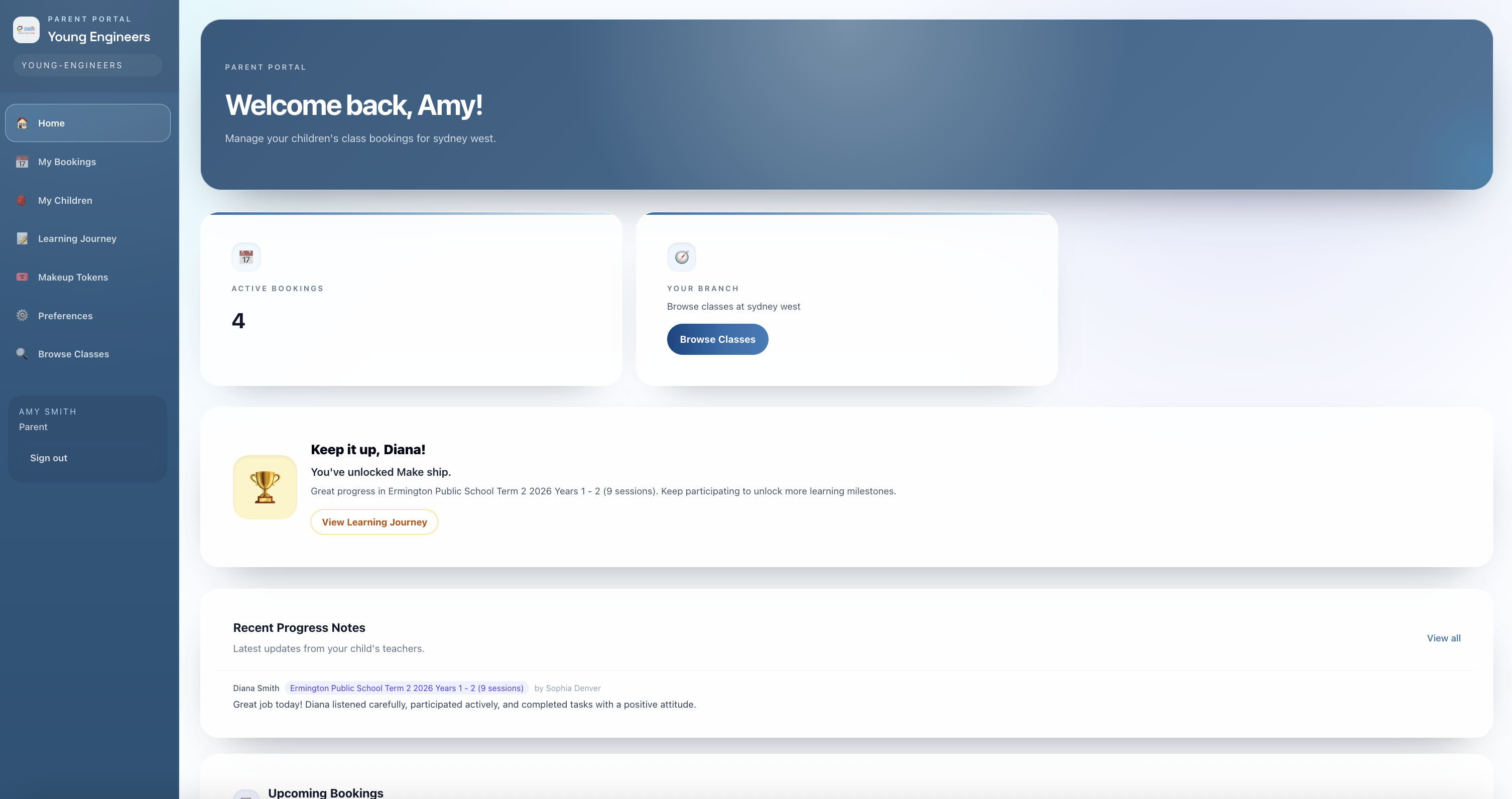 Classflows parent portal showing family records and bookings